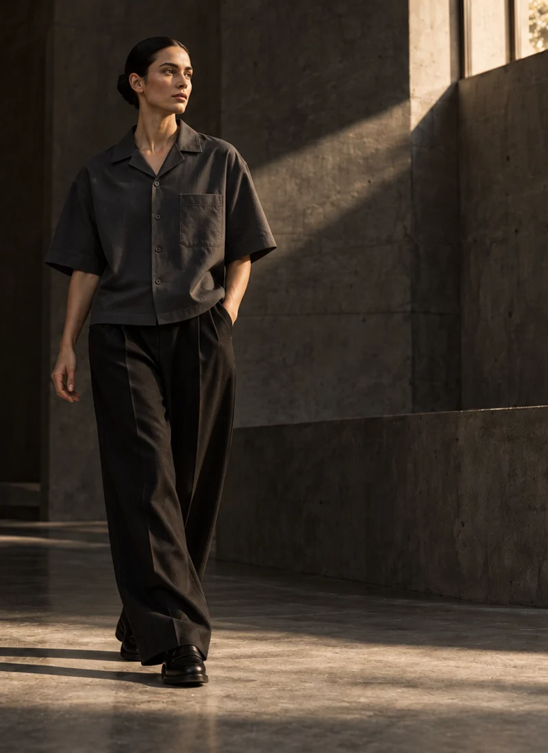 Ink Atelier Shirt worn with dark tailored trousers in an architectural studio.