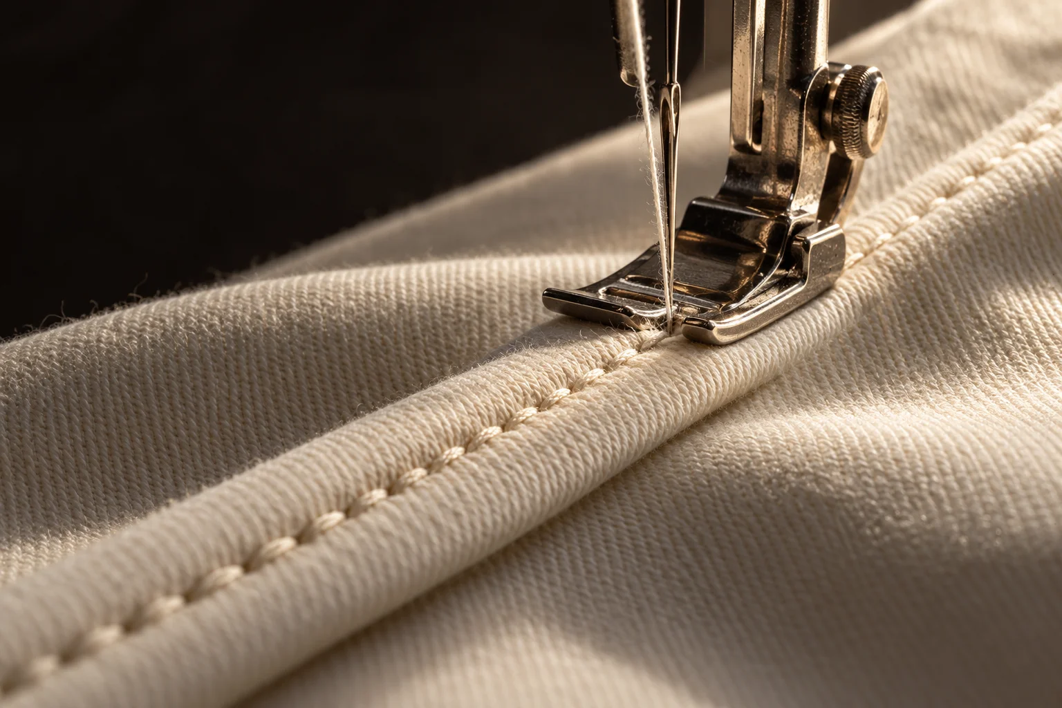A close photographic study of the shirt's neat stitching and cotton texture.