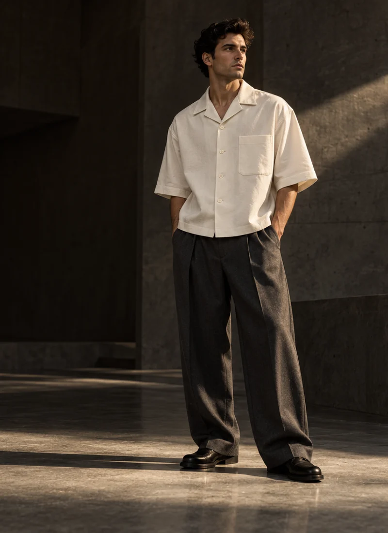 Chalk Atelier Shirt styled with charcoal pleated trousers.