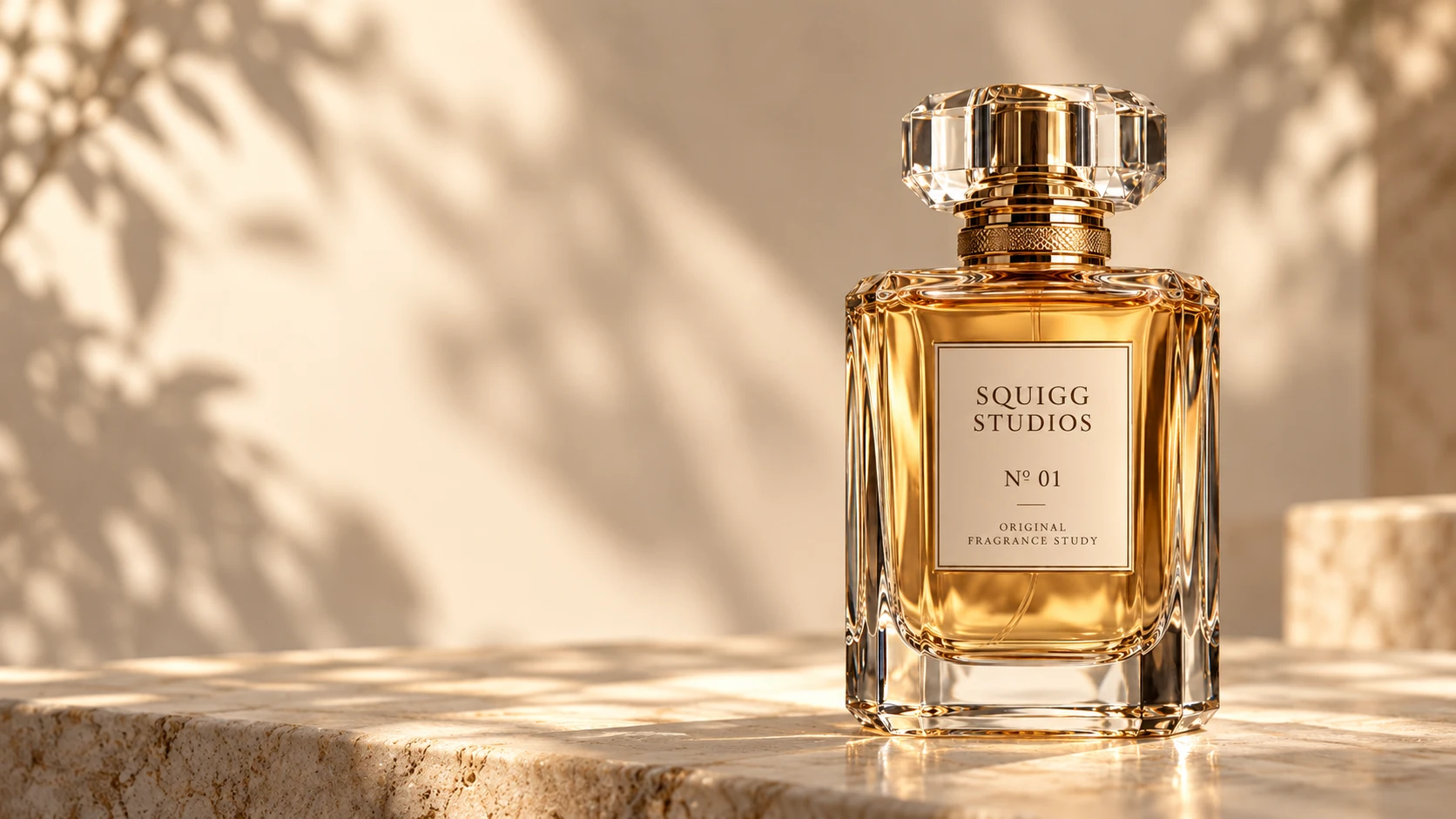 Original Squigg Studios Nº 01 faceted crystal perfume bottle in golden sunlight.