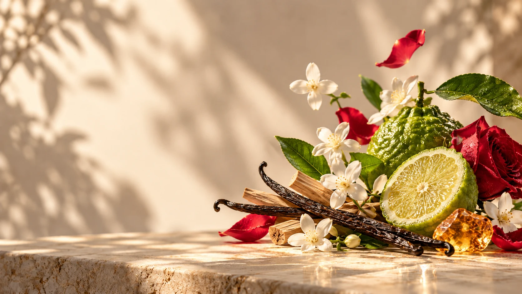 Bergamot, rose, jasmine, vanilla, sandalwood and amber-coloured resin in an original fragrance design study.