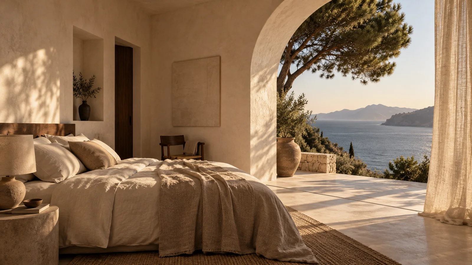 The imagined retreat's sunlit bedroom opening towards the coast.