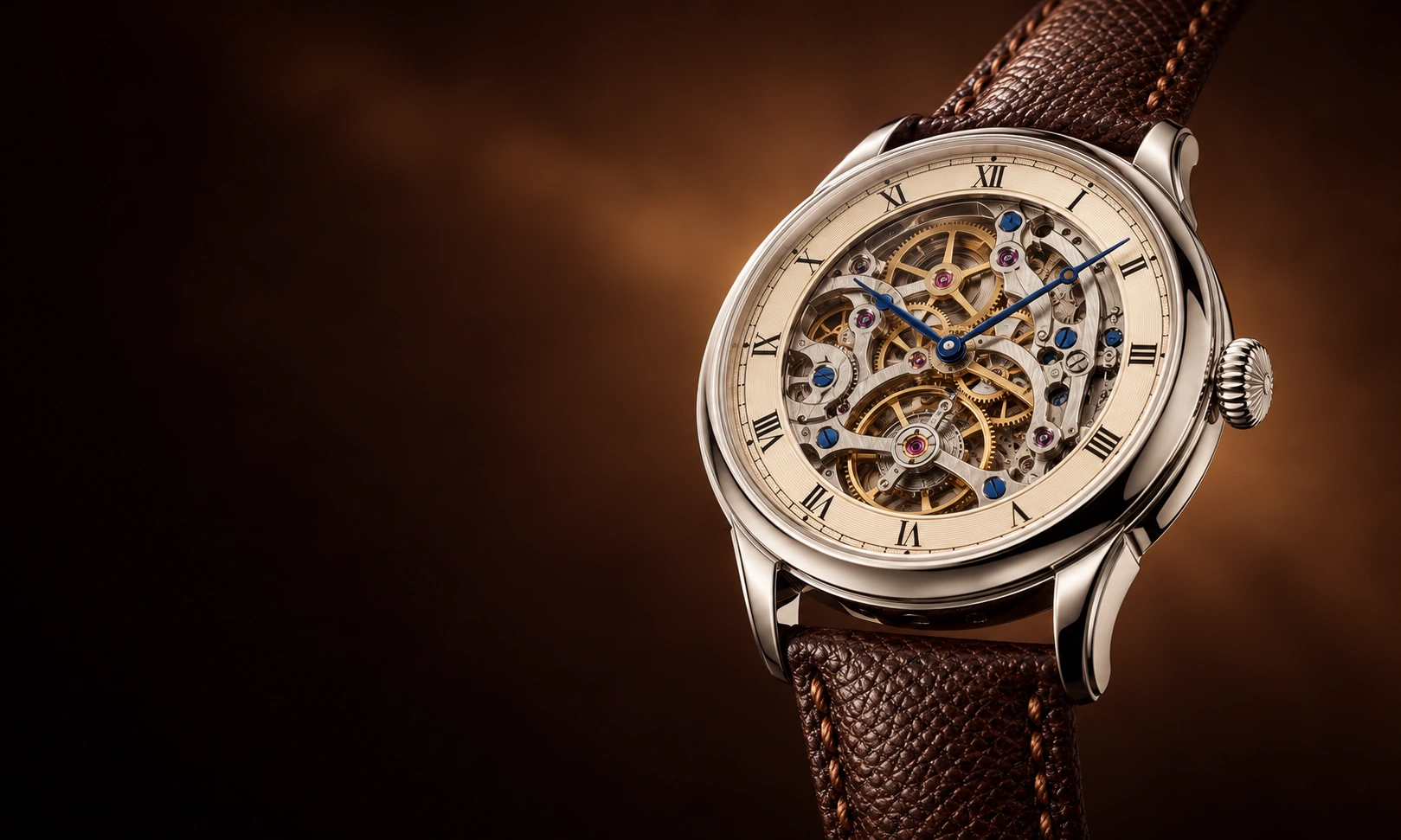An original silver skeleton watch study with blue hands and a textured brown strap.