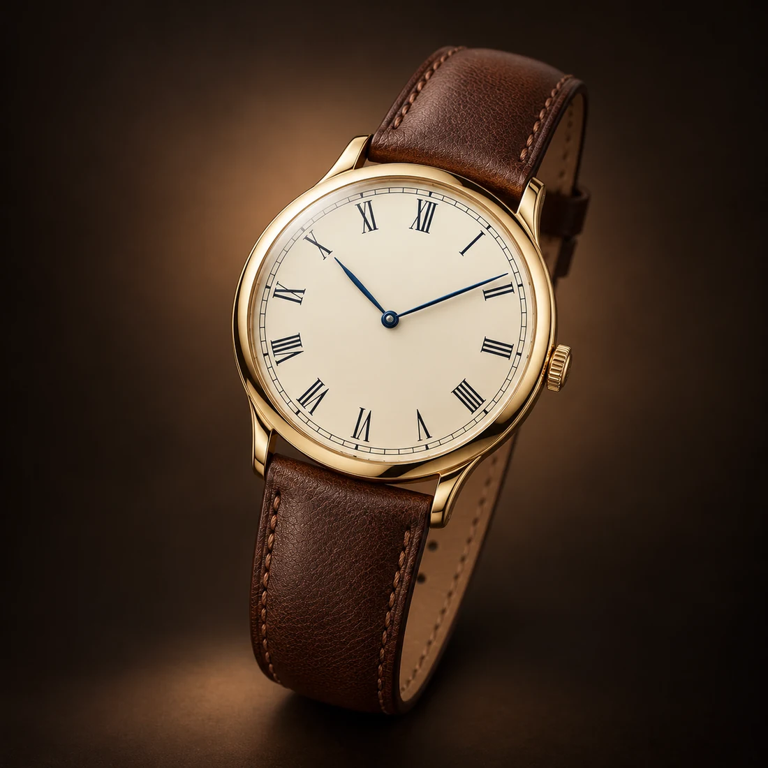 An original gold dress-watch study with an ivory dial, Roman numerals, two blue hands and brown leather.