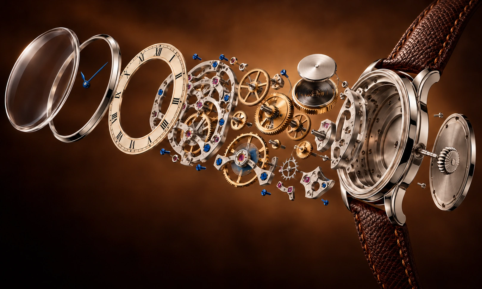 The watch separated into its crystal, two blue hands, dial, movement, case and leather strap.