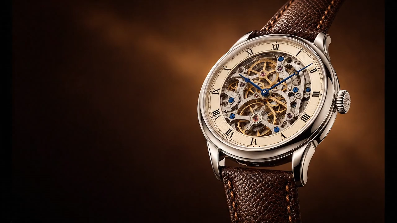 An original skeleton watch study, with a polished silver case, ivory Roman numerals, blue hands and a brown leather strap.